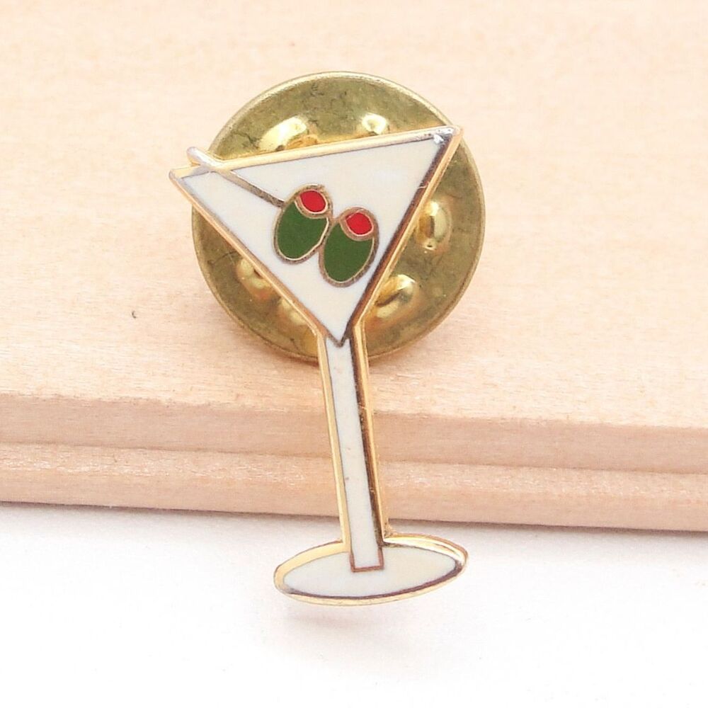 Vintage Martini Glass Enamel Lapel Pin Cocktail Hat Tie Tac Gold Tone Olive